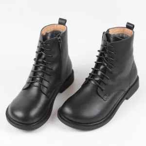 Women Leather Ankle Boots Soft Bottom Flat Round Toe Big-Head Retro Martin Boots Coffee/Black