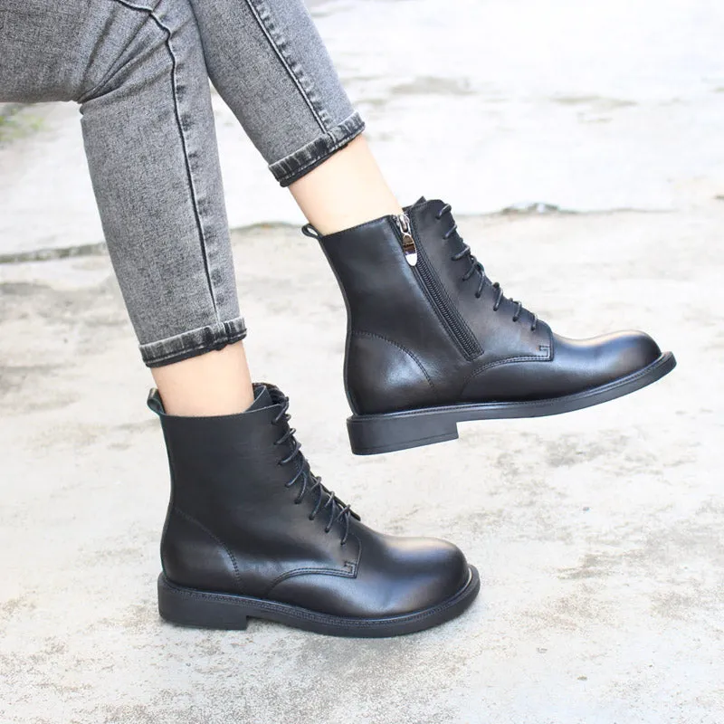 Women Leather Ankle Boots Soft Bottom Flat Round Toe Big-Head Retro Martin Boots Coffee/Black