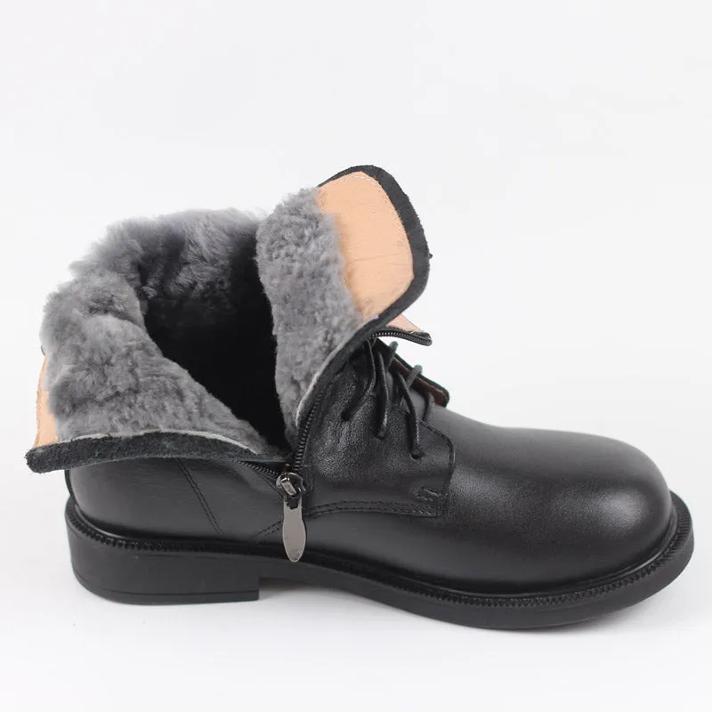 Women Leather Ankle Boots Soft Bottom Flat Round Toe Big-Head Retro Martin Boots Coffee/Black