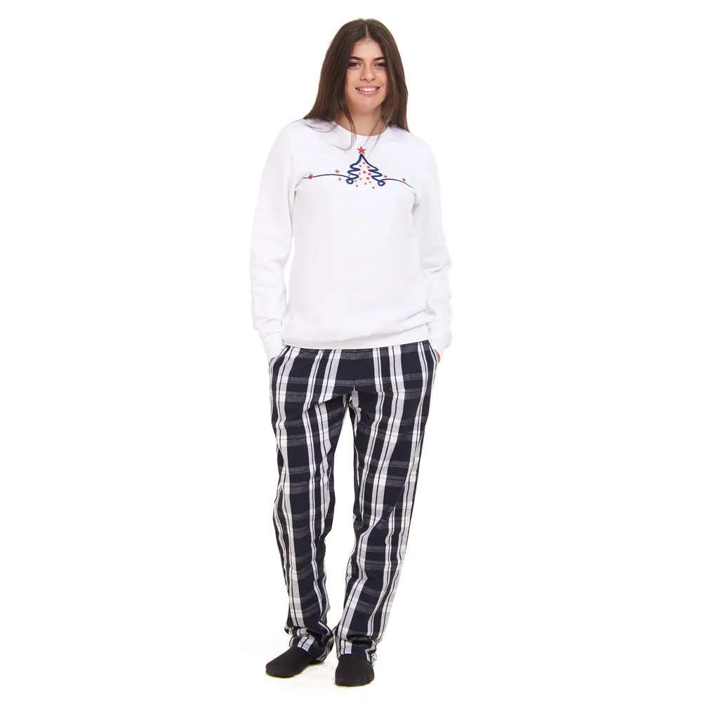 Women Winter Pajama Set Christmas Tree Sweatshirt   Black x White Checkered Pants