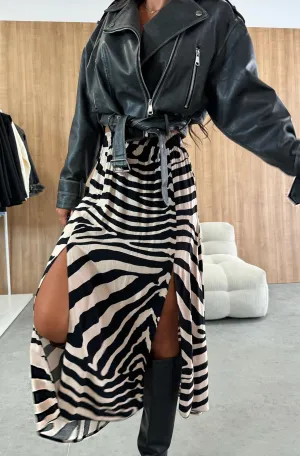 Zelda Zebra Patterned Side Slit Midaxi Skirt-Stone